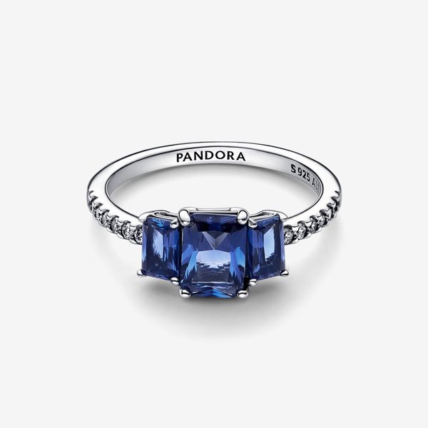 Pandora Blauer Rechteckiger Funkelnder Drei-Stein-Ring