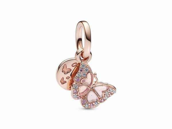 Pandora Charm Anhänger rosafarbener Schmetterling & Spruch Doppelter Charm